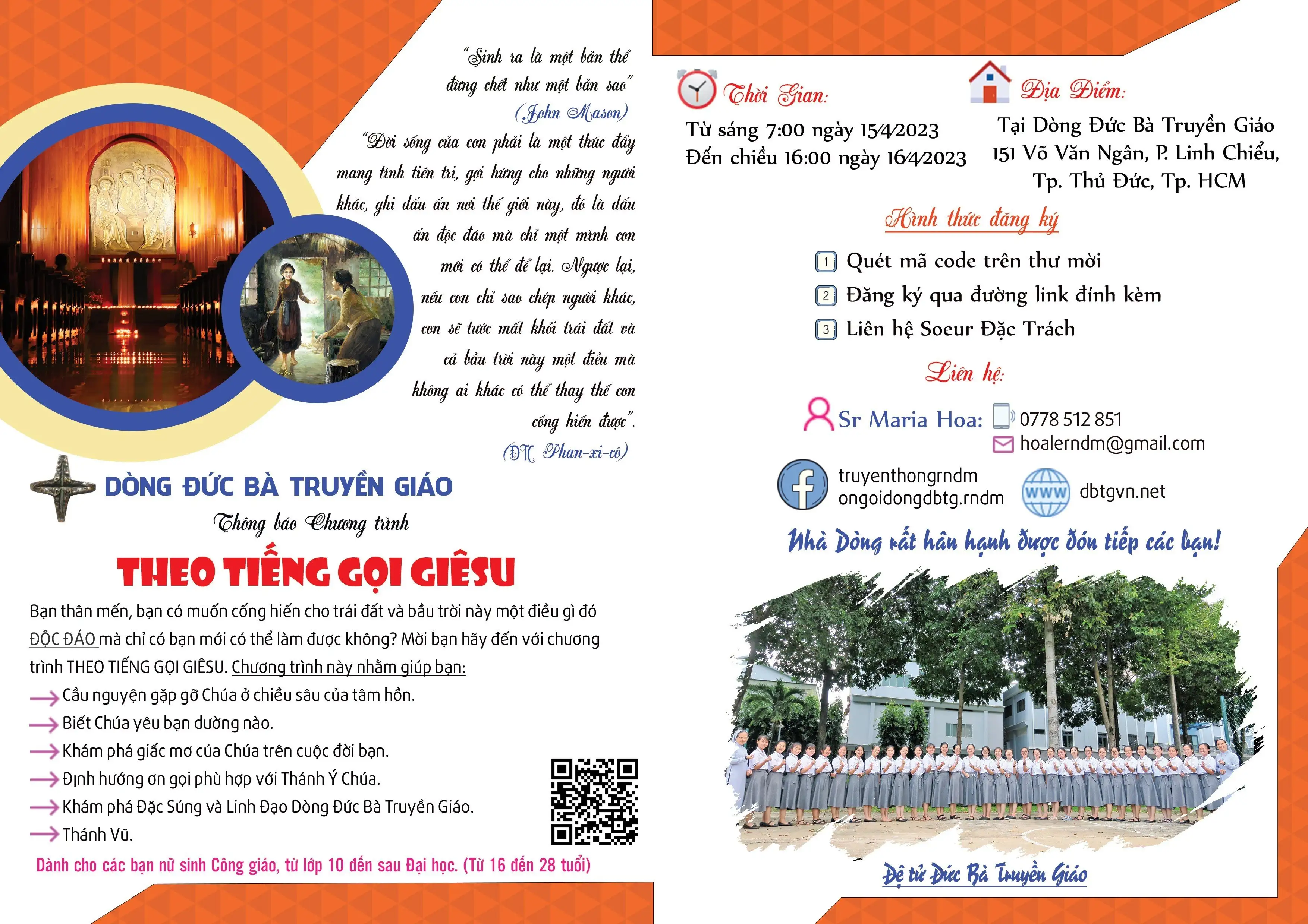 Thông báo | Chương trình theo tiếng gọi Giêsu | Dòng Đức Bà Truyền Giáo | hiệp thông Loan bao Tin mừng,
