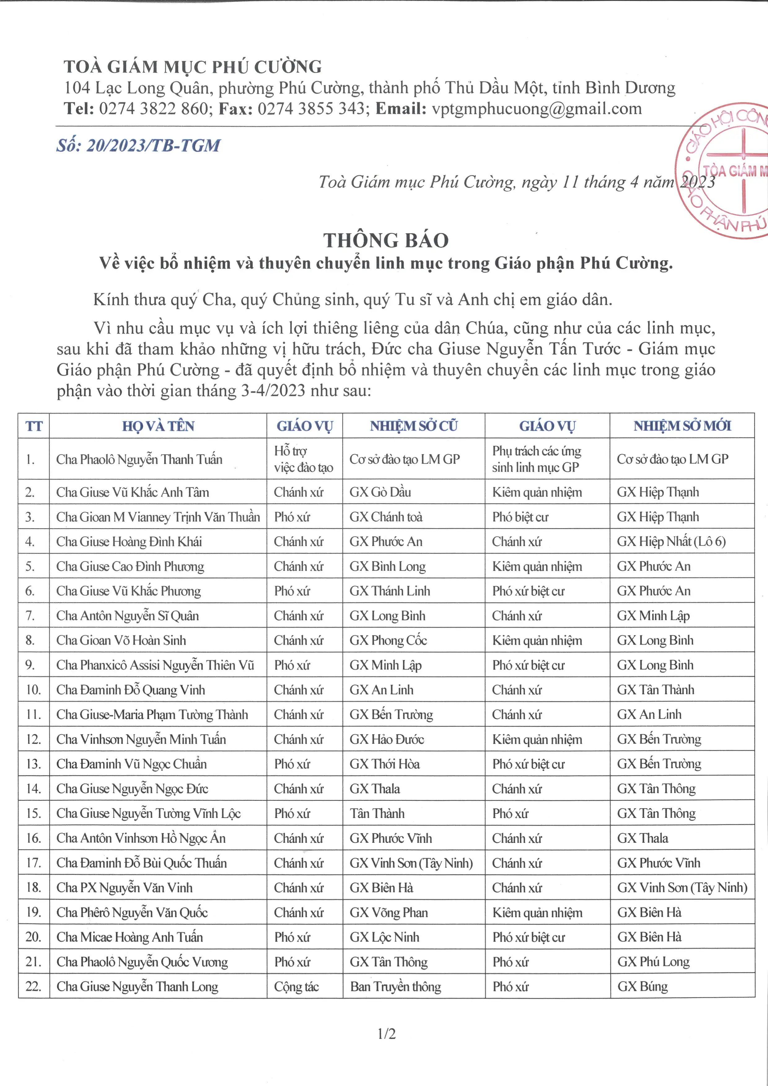 THÔNG BÁO: Về việc bổ nhiệm và thuyên chuyển linh mục 04-2023 | hiệp thông Loan bao Tin mừng,